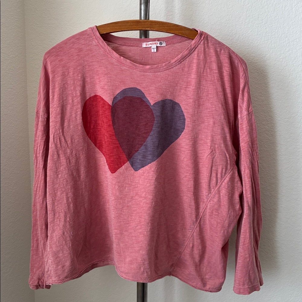 Sundry Double Heart Boxy 3/4 Sleeve Tee T Shirt sz M/2